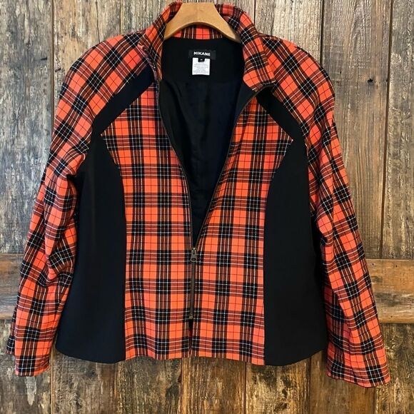 Mikane Sz 14 Red Buffalo Plaid Zip Up Sporty Collared Black Trim Jacket - Picture 4 of 9
